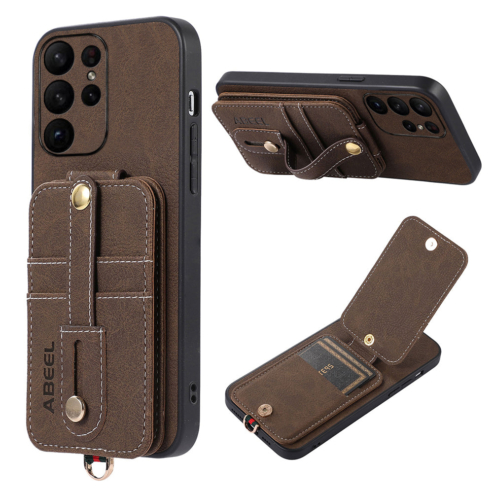 ABEEL Style 02 Card Slots Kickstand Case for Samsung Galaxy S23 Ultra Litchi Texture PU TPU PC Phone Cover