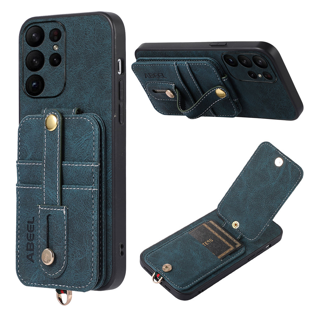 ABEEL Style 02 Card Slots Kickstand Case for Samsung Galaxy S23 Ultra Litchi Texture PU TPU PC Phone Cover