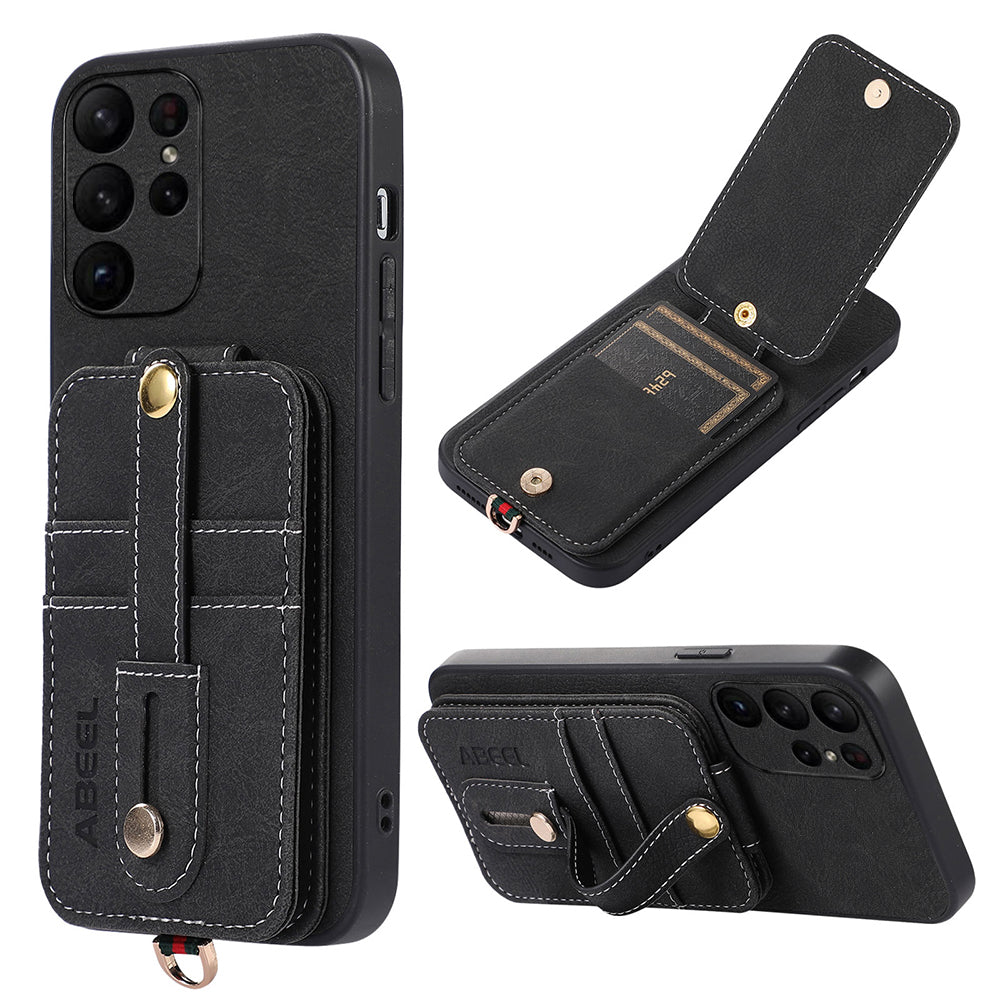 ABEEL Style 02 Card Slots Kickstand Case for Samsung Galaxy S23 Ultra Litchi Texture PU TPU PC Phone Cover