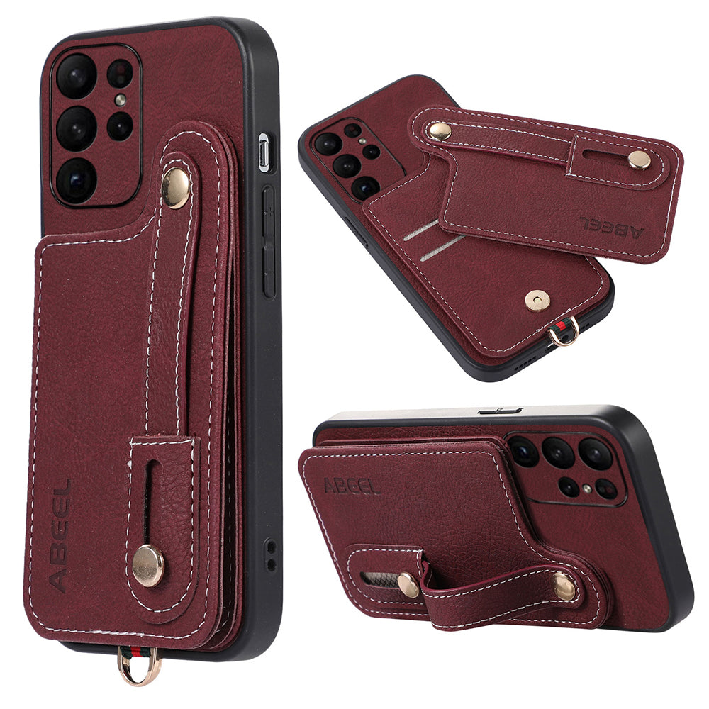 ABEEL Style 03 Litchi Texture PU TPU PC Phone Cover for Samsung Galaxy S23 Ultra Rotating Card Holder Anti-Drop Kickstand Case