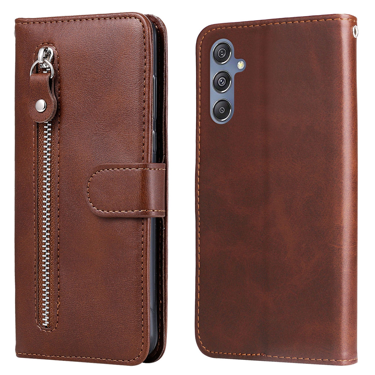 For Samsung Galaxy F34 5G M34 5G Calf Texture Leather Phone Case Wallet Stand Cover with Zipper Pocket