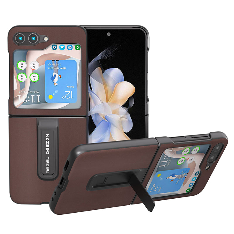 ABEEL For Samsung Galaxy Z Flip5 5G Kickstand Nappa Texture Case Genuine Cow Leather PC Phone Cover