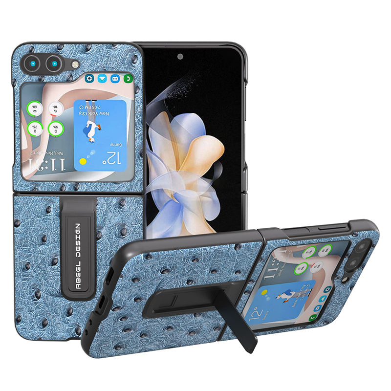 ABEEL For Samsung Galaxy Z Flip5 5G Kickstand Phone Case Genuine Cow Leather PC Ostrich Texture Protective Cover