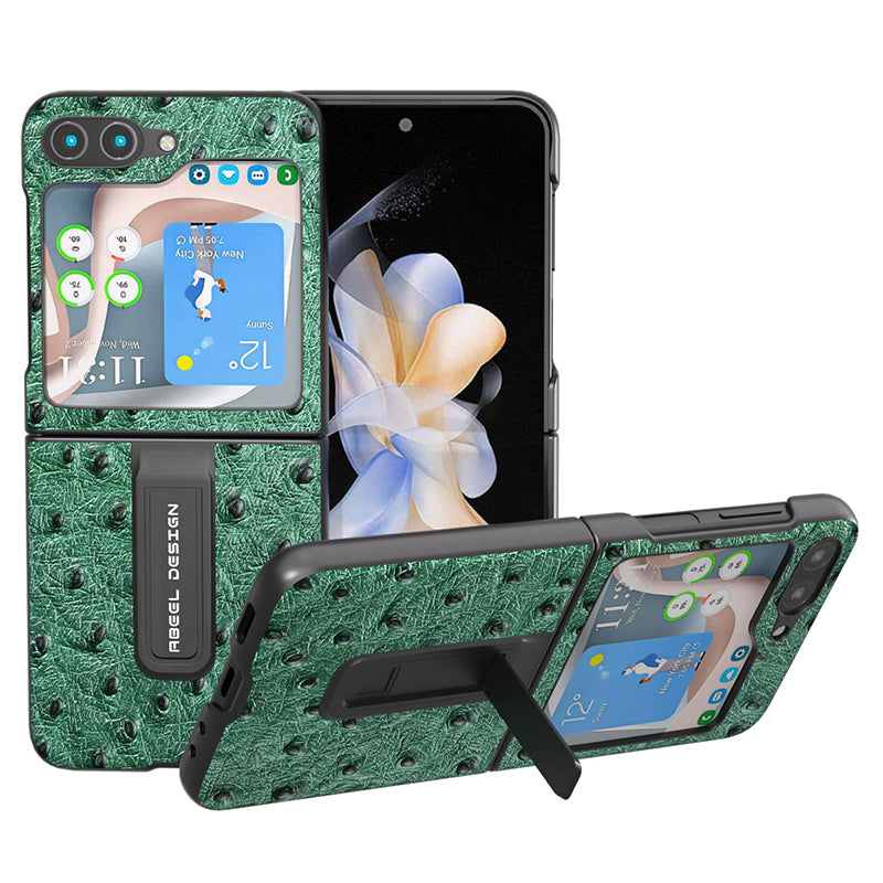 ABEEL For Samsung Galaxy Z Flip5 5G Kickstand Phone Case Genuine Cow Leather PC Ostrich Texture Protective Cover