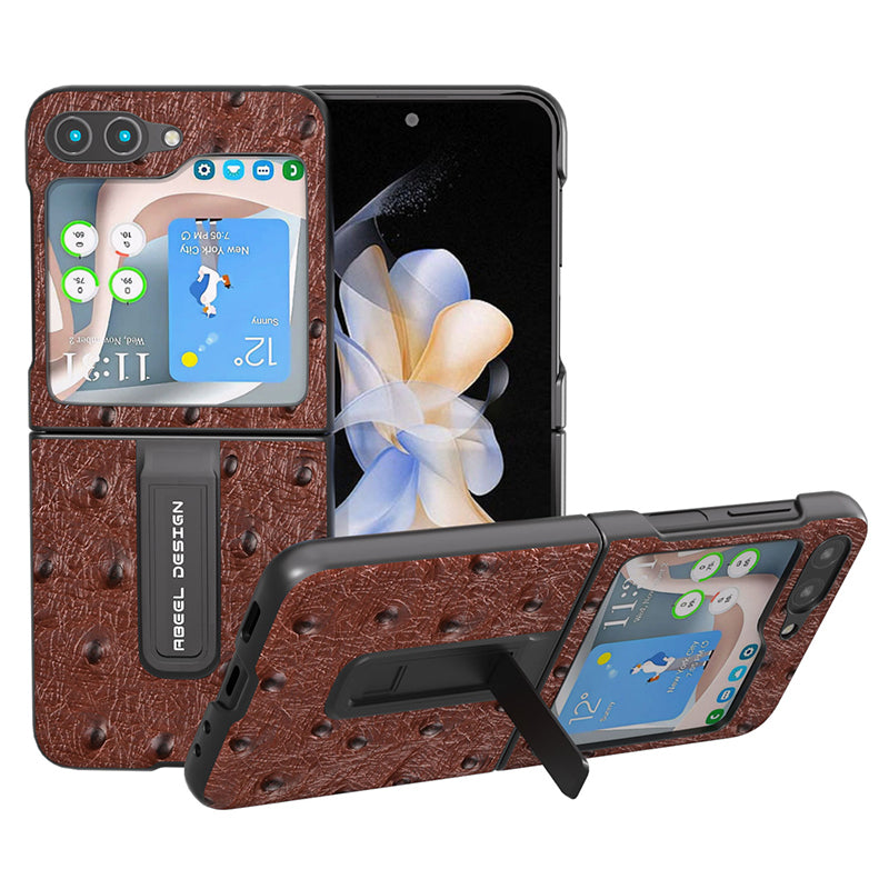 ABEEL For Samsung Galaxy Z Flip5 5G Kickstand Phone Case Genuine Cow Leather PC Ostrich Texture Protective Cover