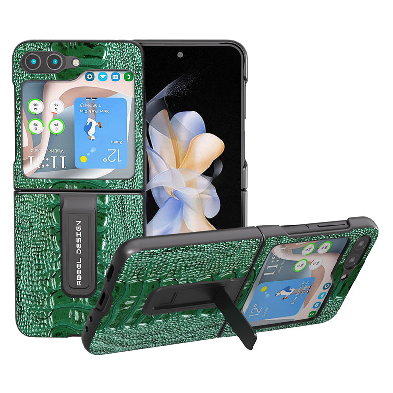 ABEEL For Samsung Galaxy Z Flip5 5G Crocodile Texture Kickstand Cover Pouzdro na PC z pravé hovězí kůže 