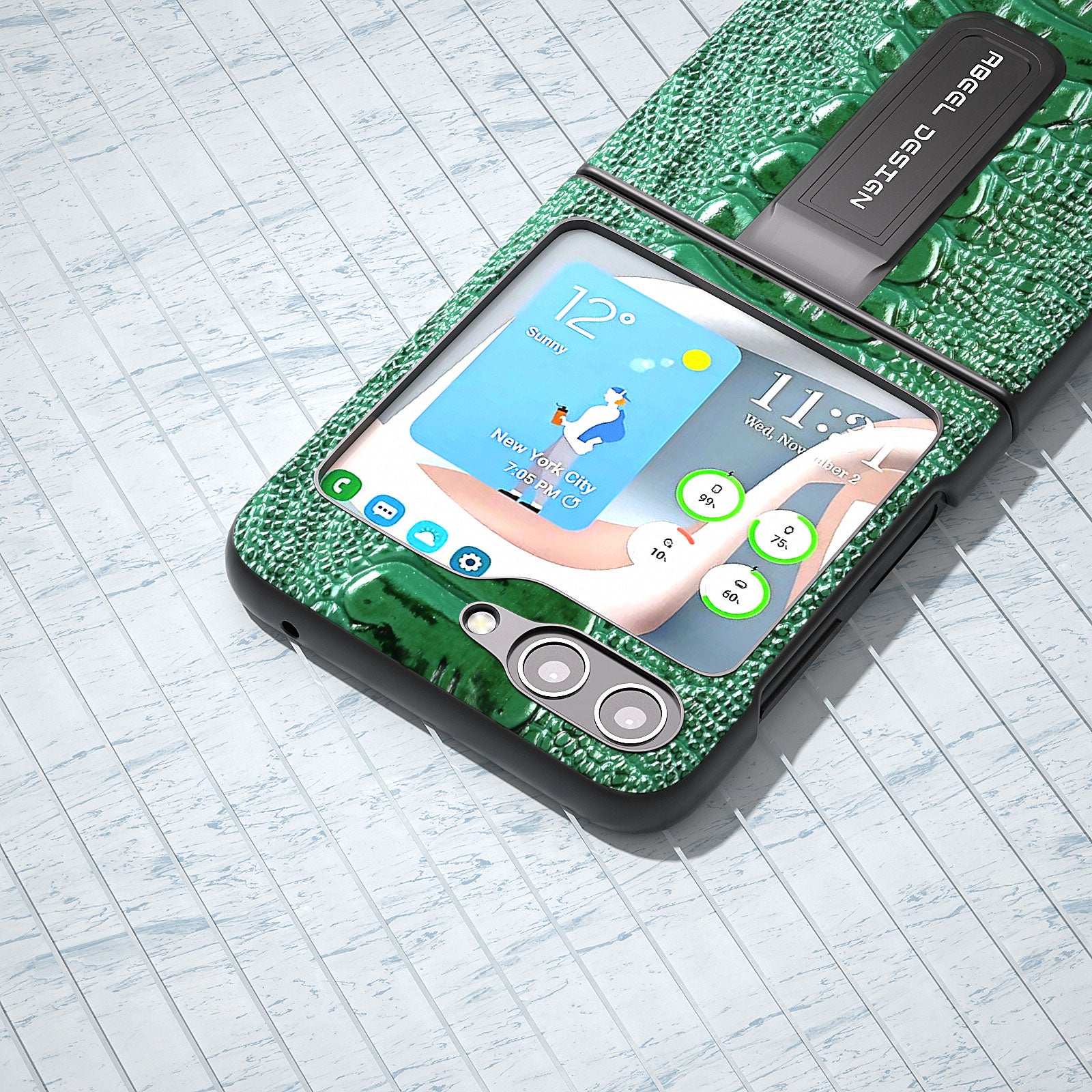 ABEEL For Samsung Galaxy Z Flip5 5G Crocodile Texture Kickstand Cover Pouzdro na PC z pravé hovězí kůže 
