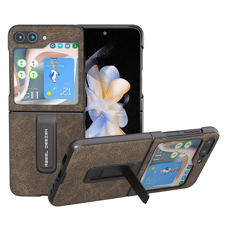 ABEEL For Samsung Galaxy Z Flip5 5G Kickstand Zadní kryt Litchi Texture Leather Coated PC Phone Case 