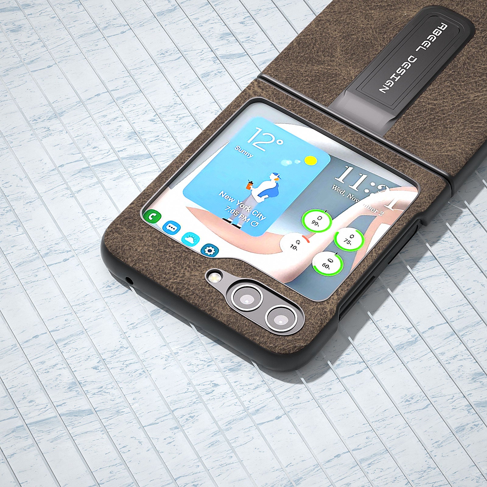 ABEEL For Samsung Galaxy Z Flip5 5G Kickstand Zadní kryt Litchi Texture Leather Coated PC Phone Case 