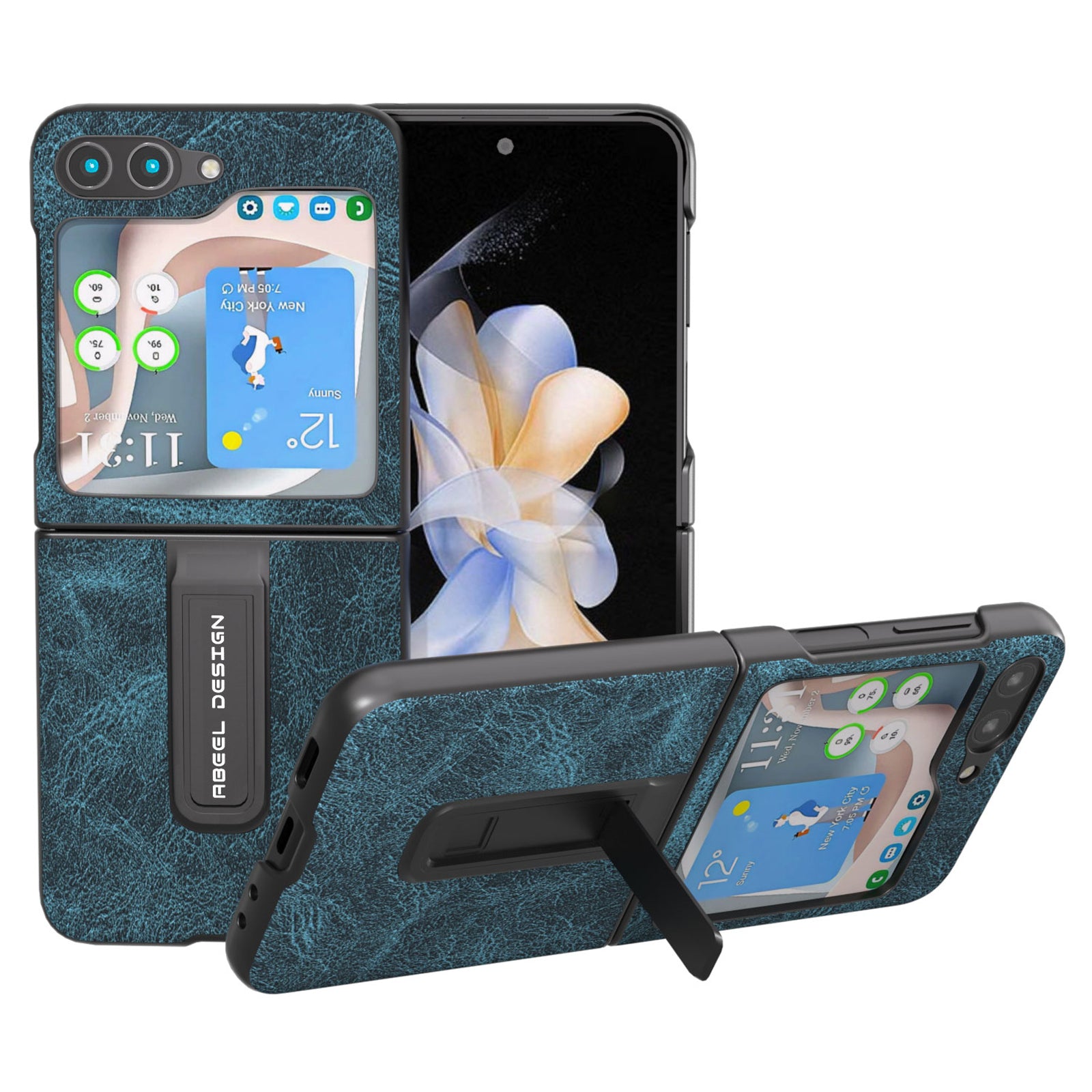 ABEEL For Samsung Galaxy Z Flip5 5G Kickstand Zadní kryt Litchi Texture Leather Coated PC Phone Case 