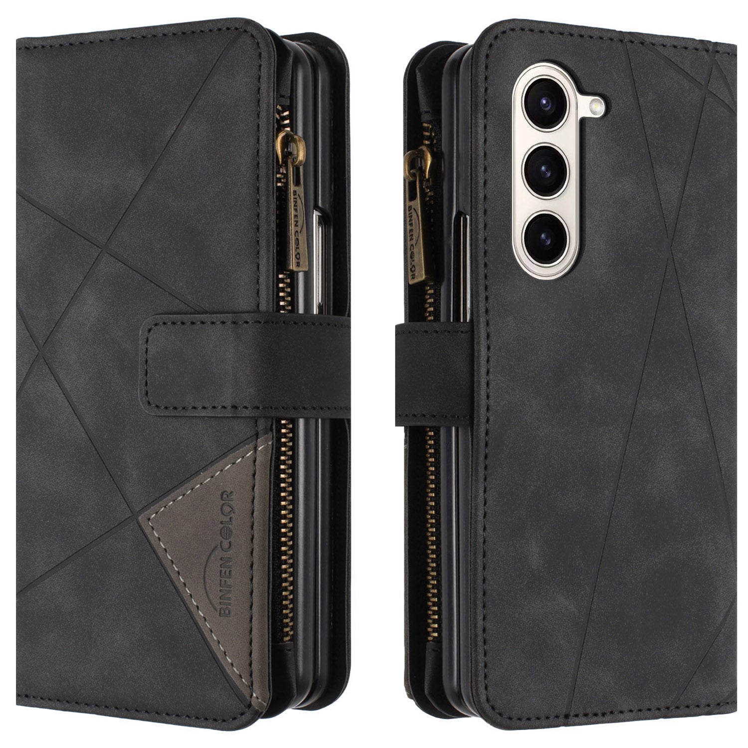 BINFEN COLOR Zipper Wallet Phone Case for Samsung Galaxy Z Fold5 5G Line Imprint TPU PU Flip Cover with Stand
