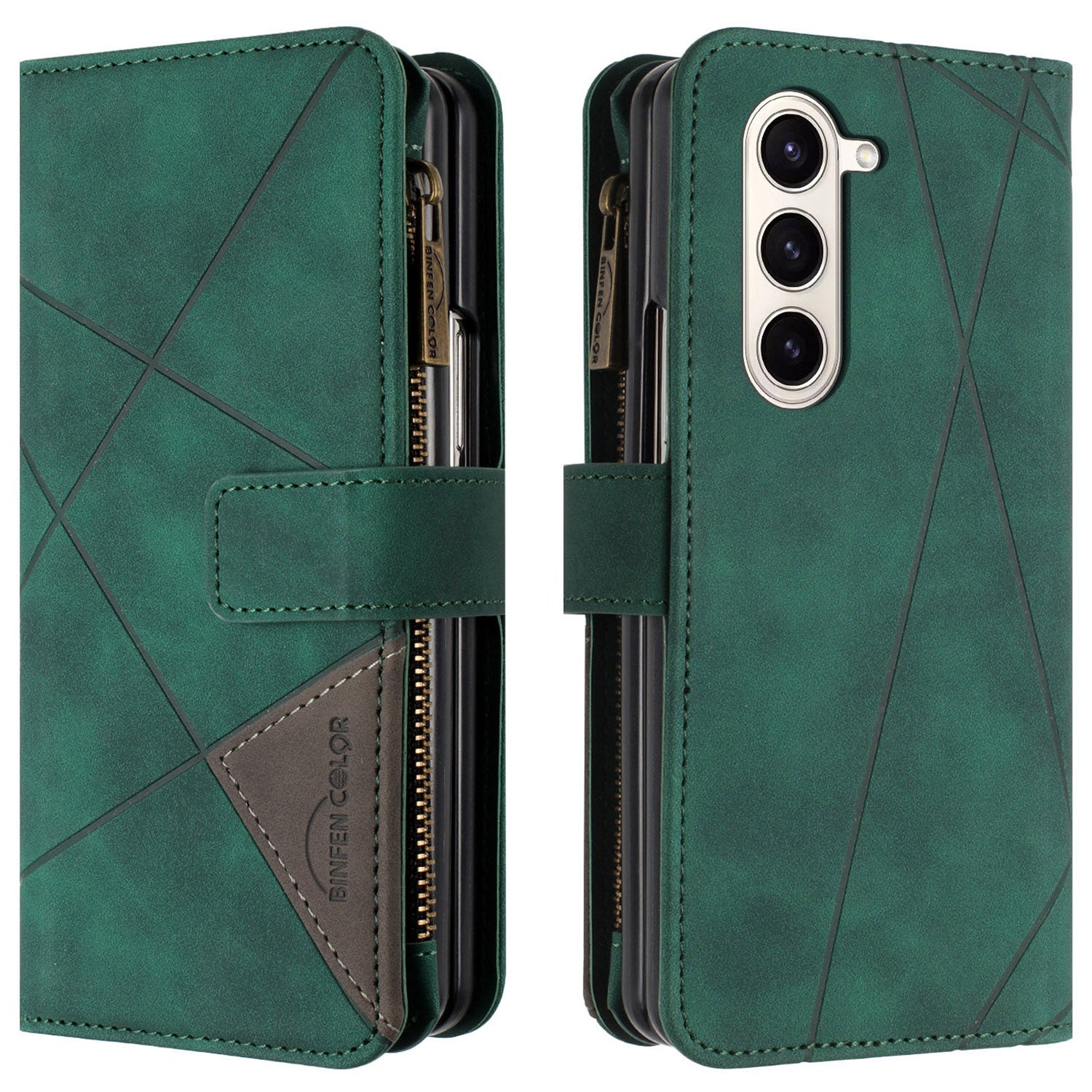 BINFEN COLOR Zipper Wallet Phone Case for Samsung Galaxy Z Fold5 5G Line Imprint TPU PU Flip Cover with Stand