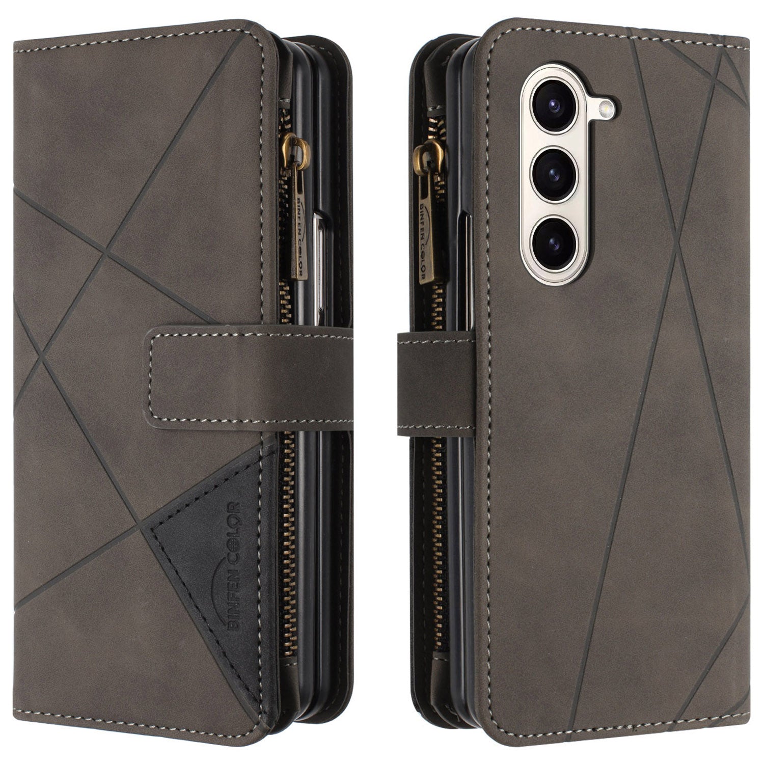 BINFEN COLOR Zipper Wallet Phone Case for Samsung Galaxy Z Fold5 5G Line Imprint TPU PU Flip Cover with Stand