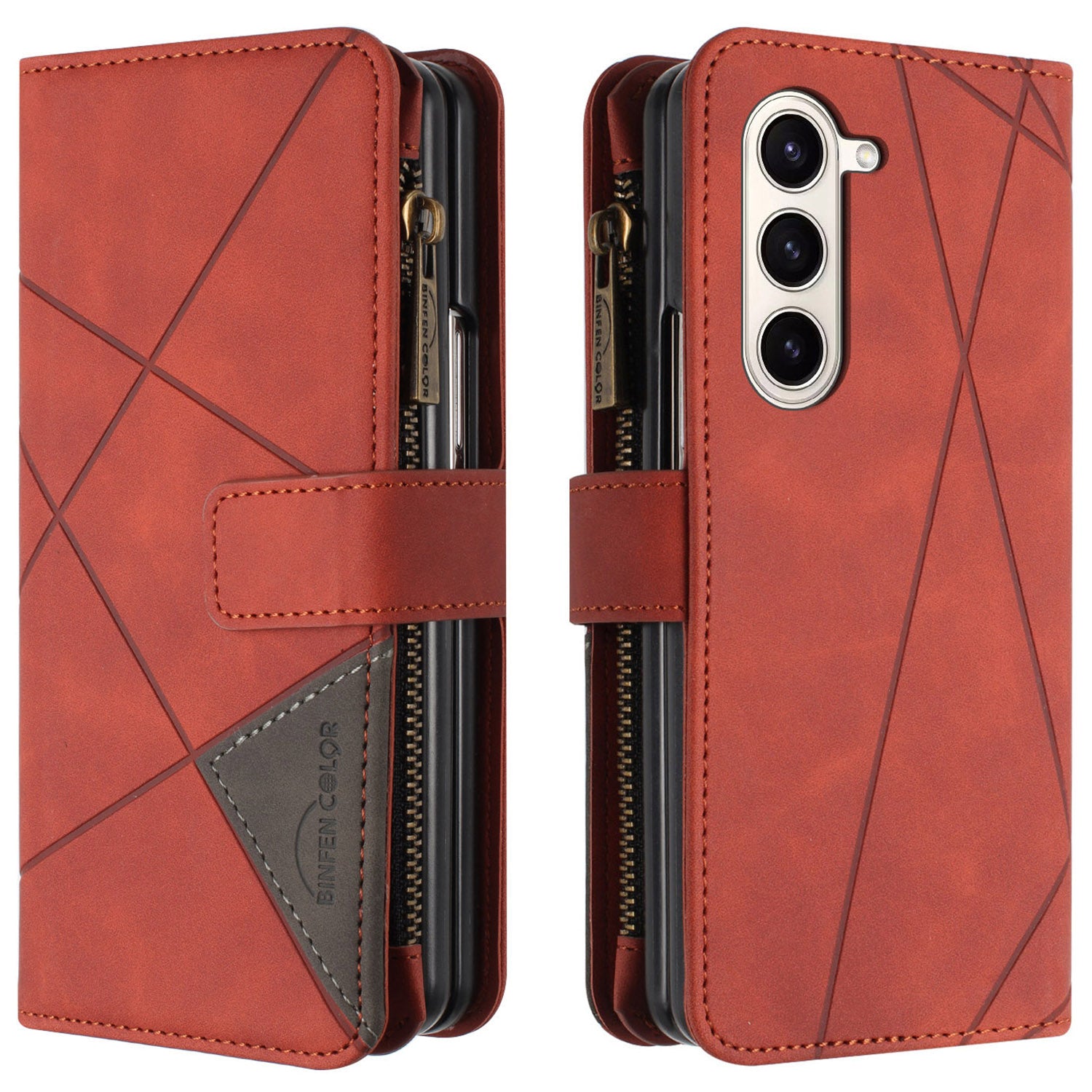 BINFEN COLOR Zipper Wallet Phone Case for Samsung Galaxy Z Fold5 5G Line Imprint TPU PU Flip Cover with Stand