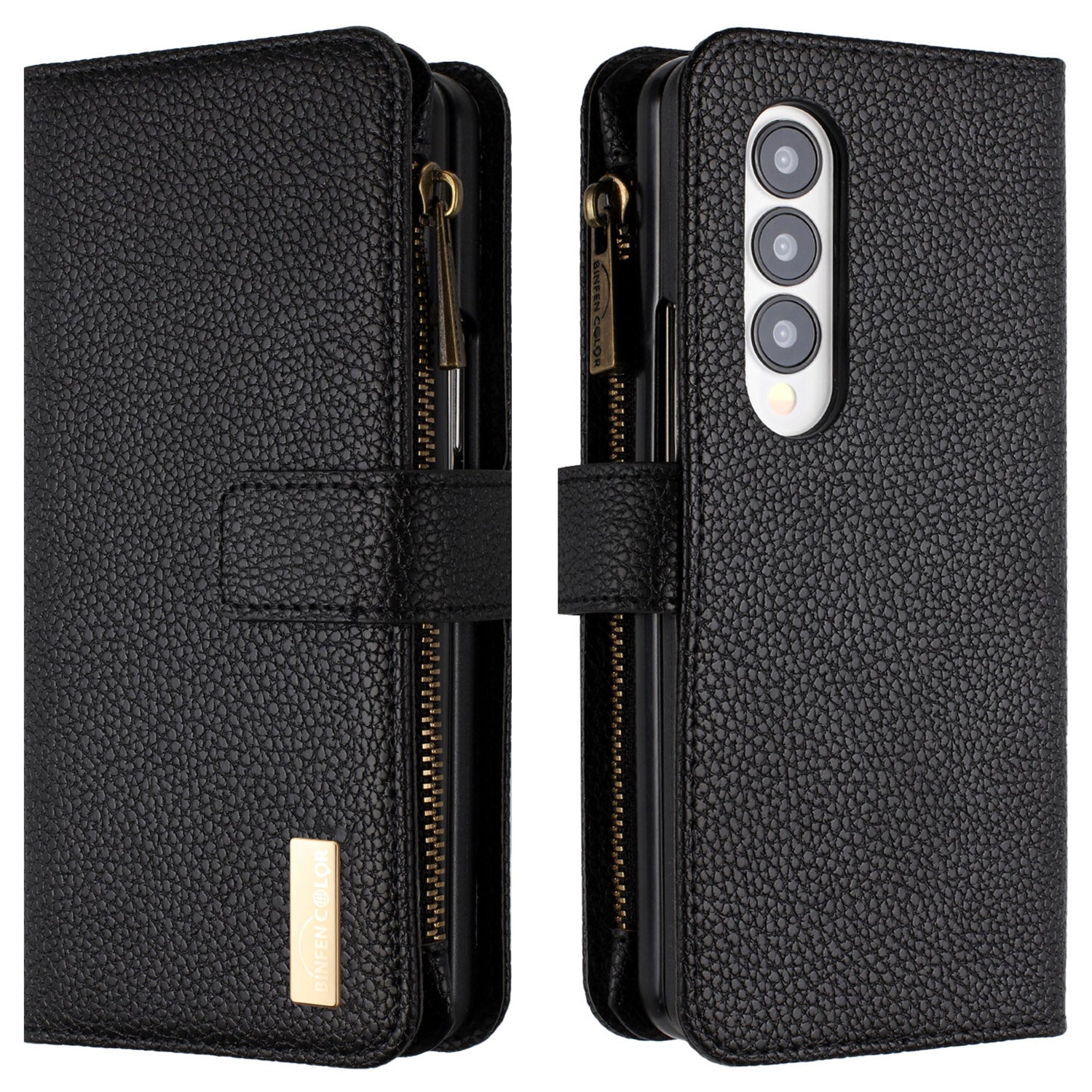 BINFEN COLOR Zipper Wallet Phone Case for Samsung Galaxy Z Fold3 5G Litchi Texture PU Leather Flip Cover