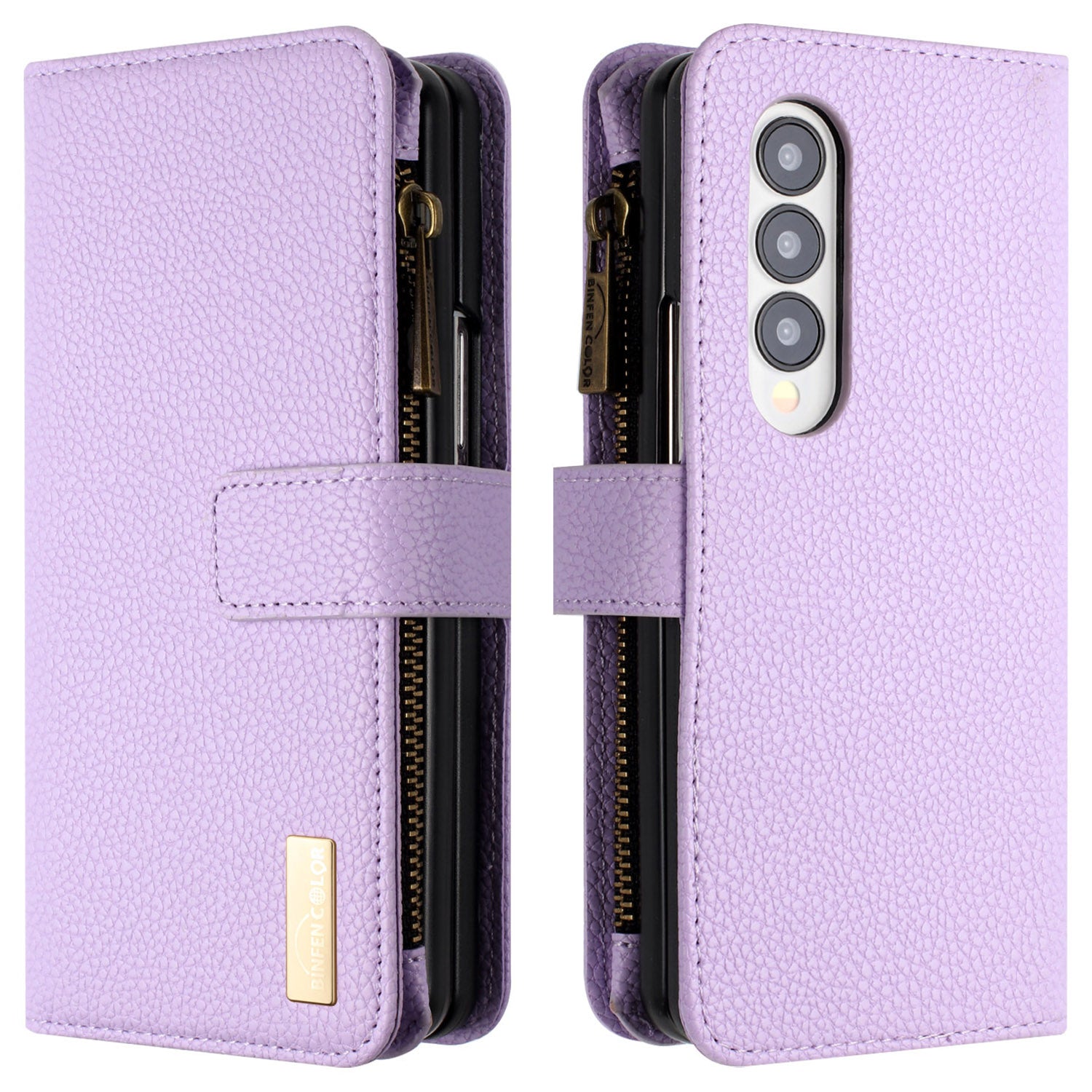 BINFEN COLOR Zipper Pocket PU Leather Case for Samsung Galaxy Z Fold4 5G Wallet Stand Litchi Texture Phone Cover