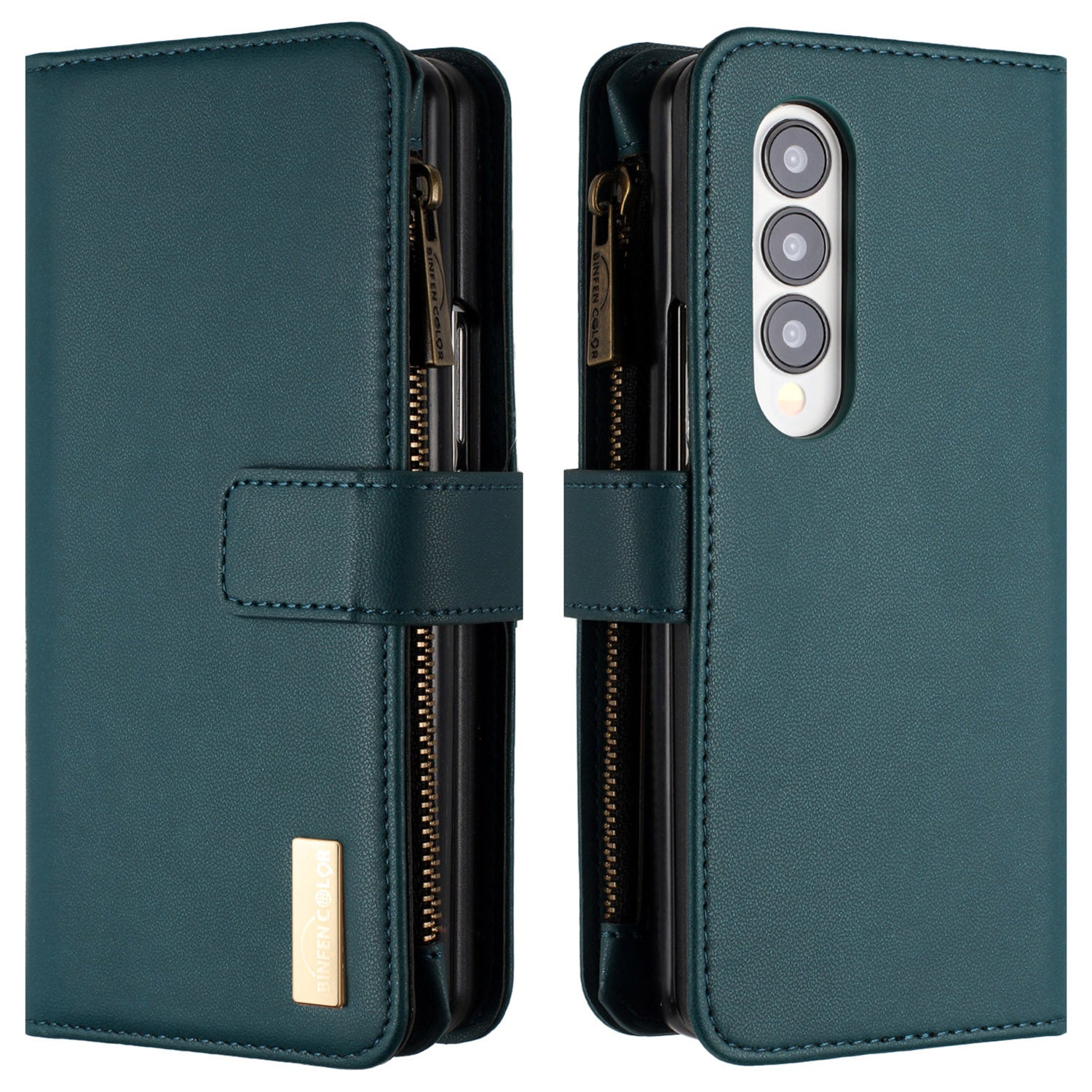 BINFEN COLOR Zipper Pocket Wallet Case for Samsung Galaxy Z Fold3 5G Matte PU Leather Stand Phone Cover
