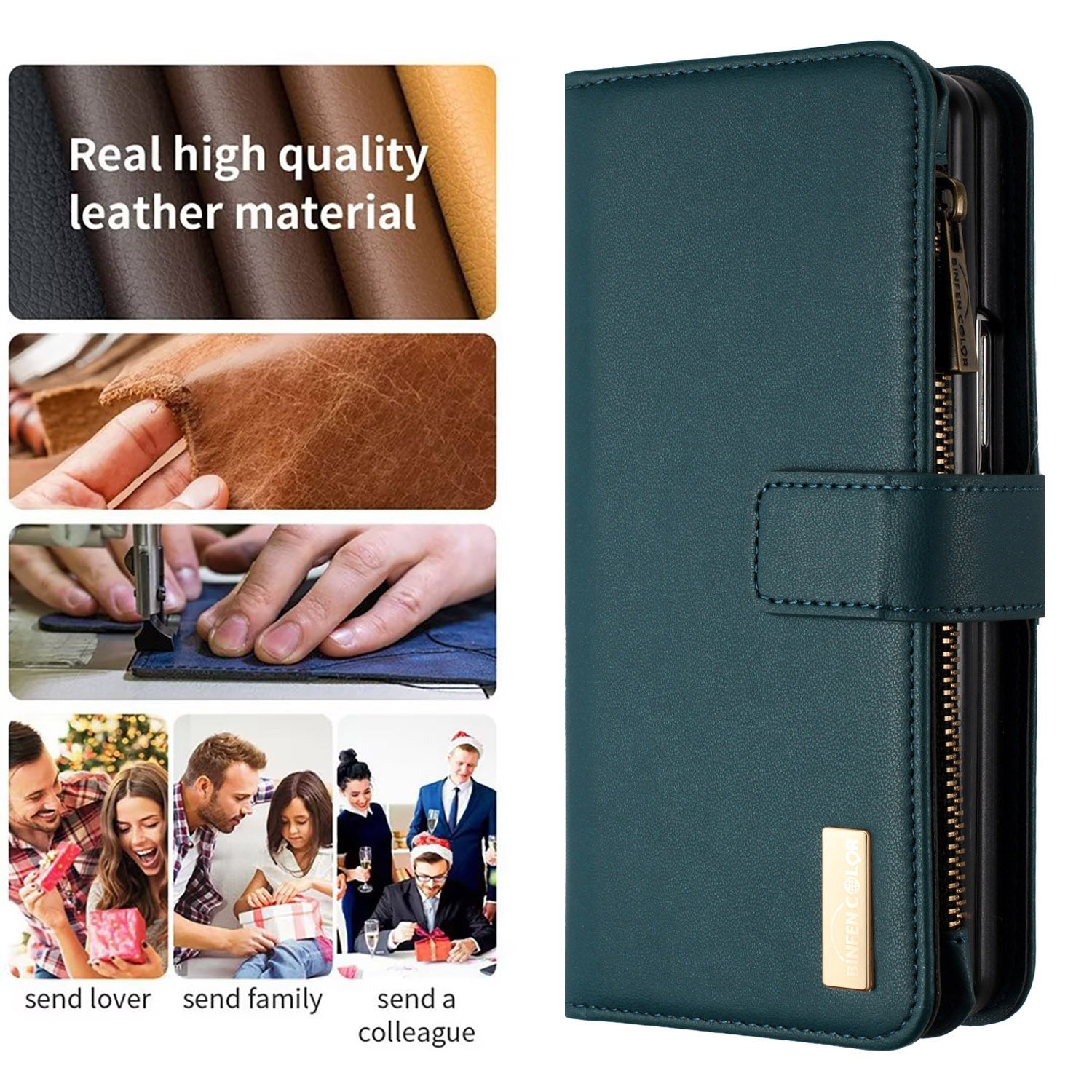 BINFEN COLOR Zipper Pocket Wallet Case for Samsung Galaxy Z Fold3 5G Matte PU Leather Stand Phone Cover