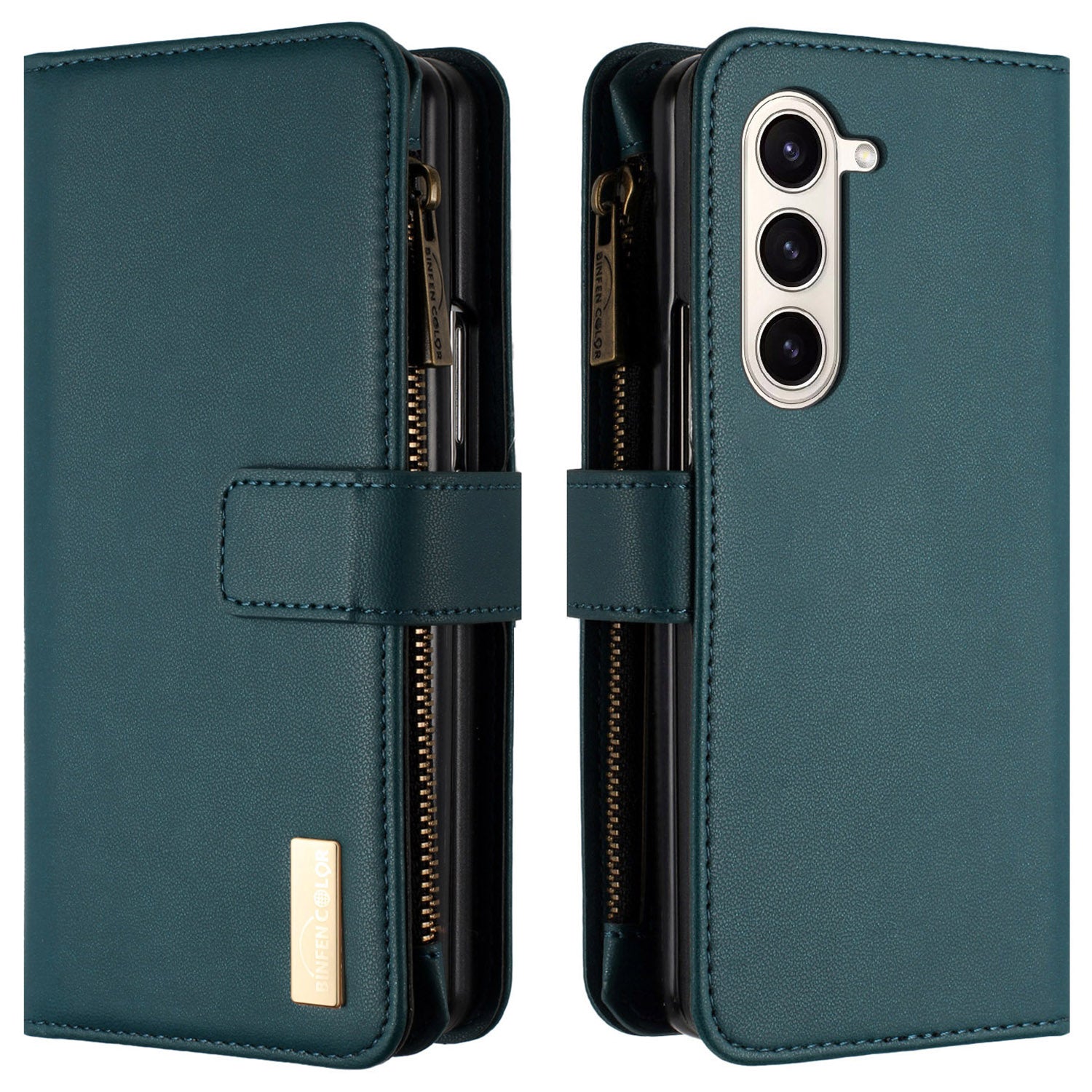 BINFEN COLOR For Samsung Galaxy Z Fold5 5G Matte Wallet Phone Case PU Leather Stand Zipper Pocket Flip Cover