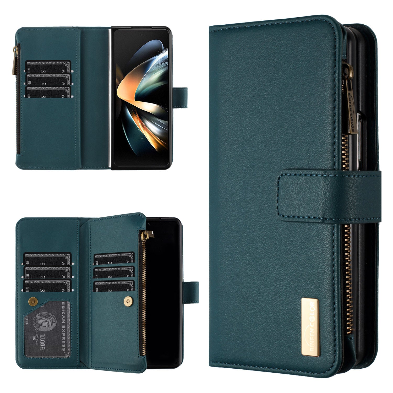 BINFEN COLOR For Samsung Galaxy Z Fold5 5G Matte Wallet Phone Case PU Leather Stand Zipper Pocket Flip Cover