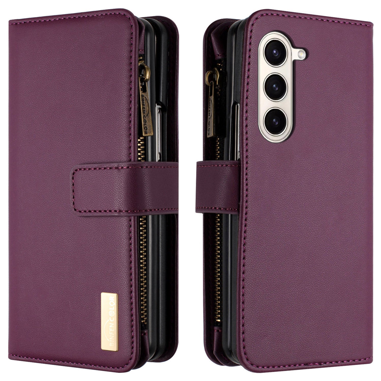 BINFEN COLOR For Samsung Galaxy Z Fold5 5G Matte Wallet Phone Case PU Leather Stand Zipper Pocket Flip Cover