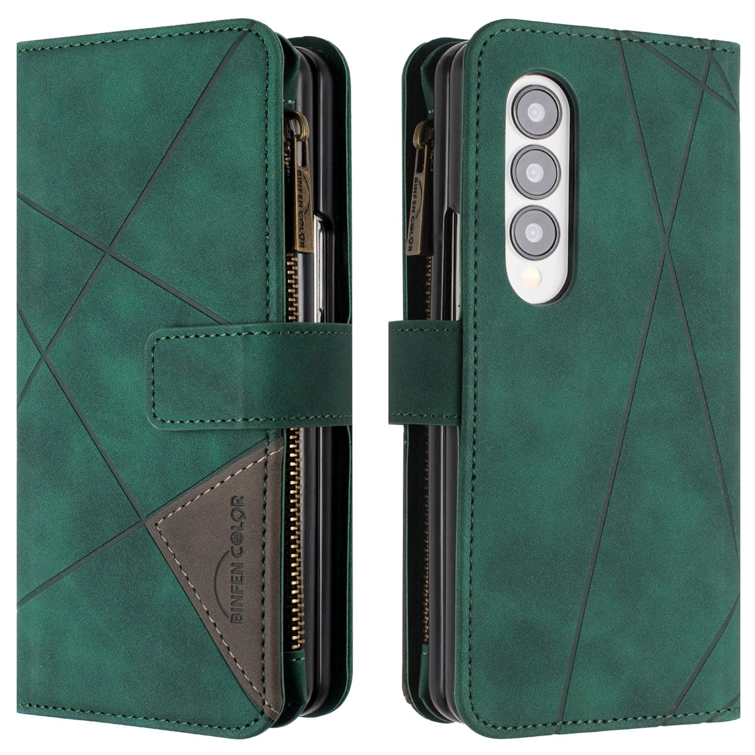 BINFEN COLOR For Samsung Galaxy Z Fold4 5G Imprinted Line Zipper Pocket Case PU Leather Stand Wallet Phone Cover