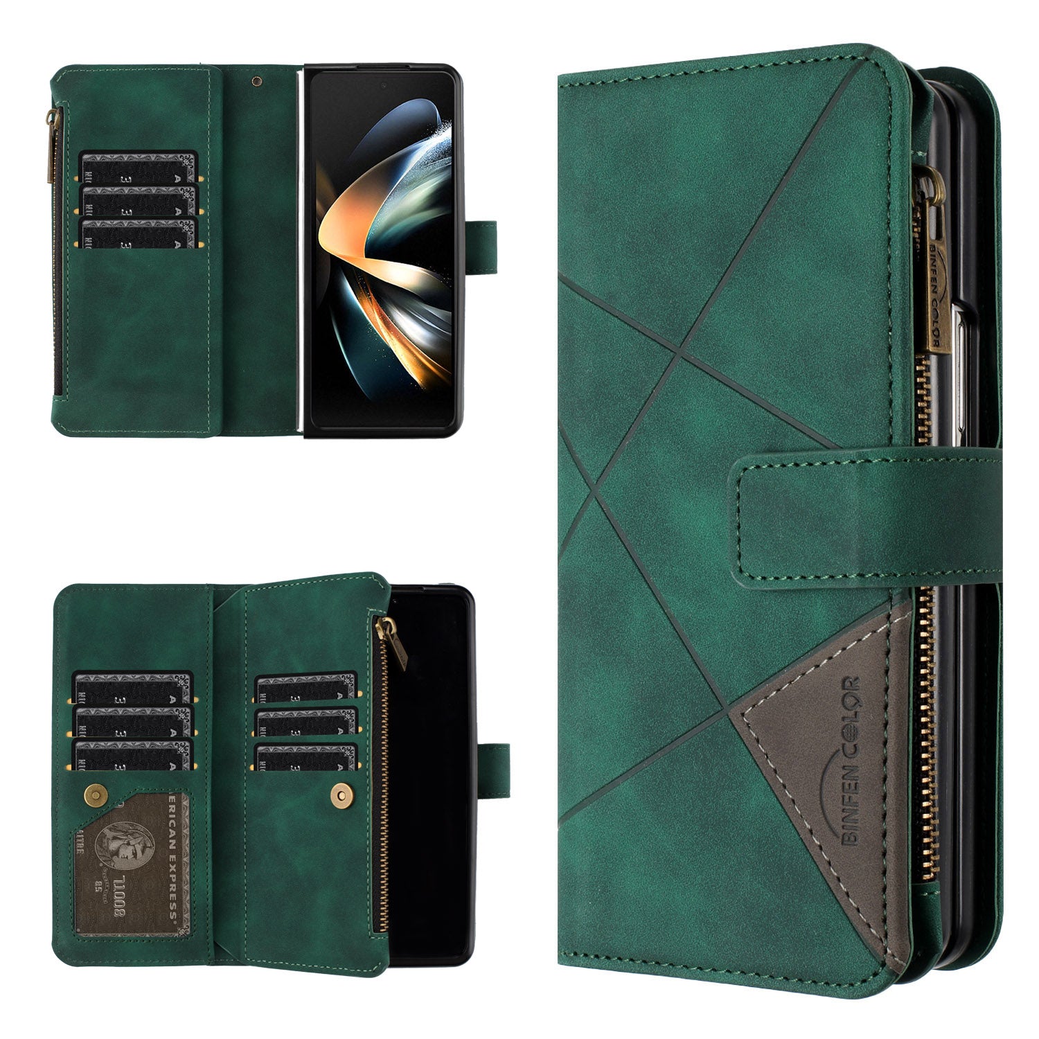 BINFEN COLOR For Samsung Galaxy Z Fold4 5G Imprinted Line Zipper Pocket Case PU Leather Stand Wallet Phone Cover