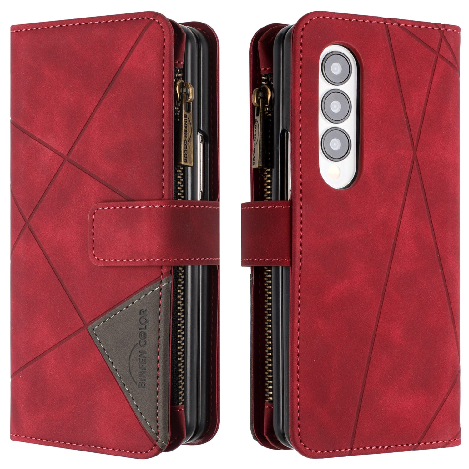 BINFEN COLOR For Samsung Galaxy Z Fold4 5G Imprinted Line Zipper Pocket Case PU Leather Stand Wallet Phone Cover