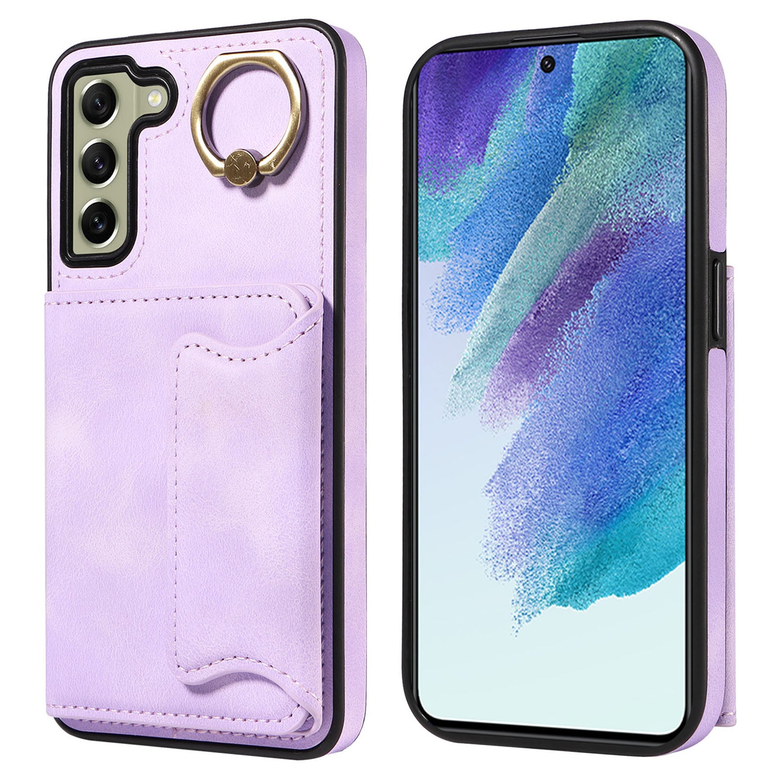 001 For Samsung Galaxy S21 FE 5G PU Leather TPU Cover Card Holder Phone Case with Ring Kickstand