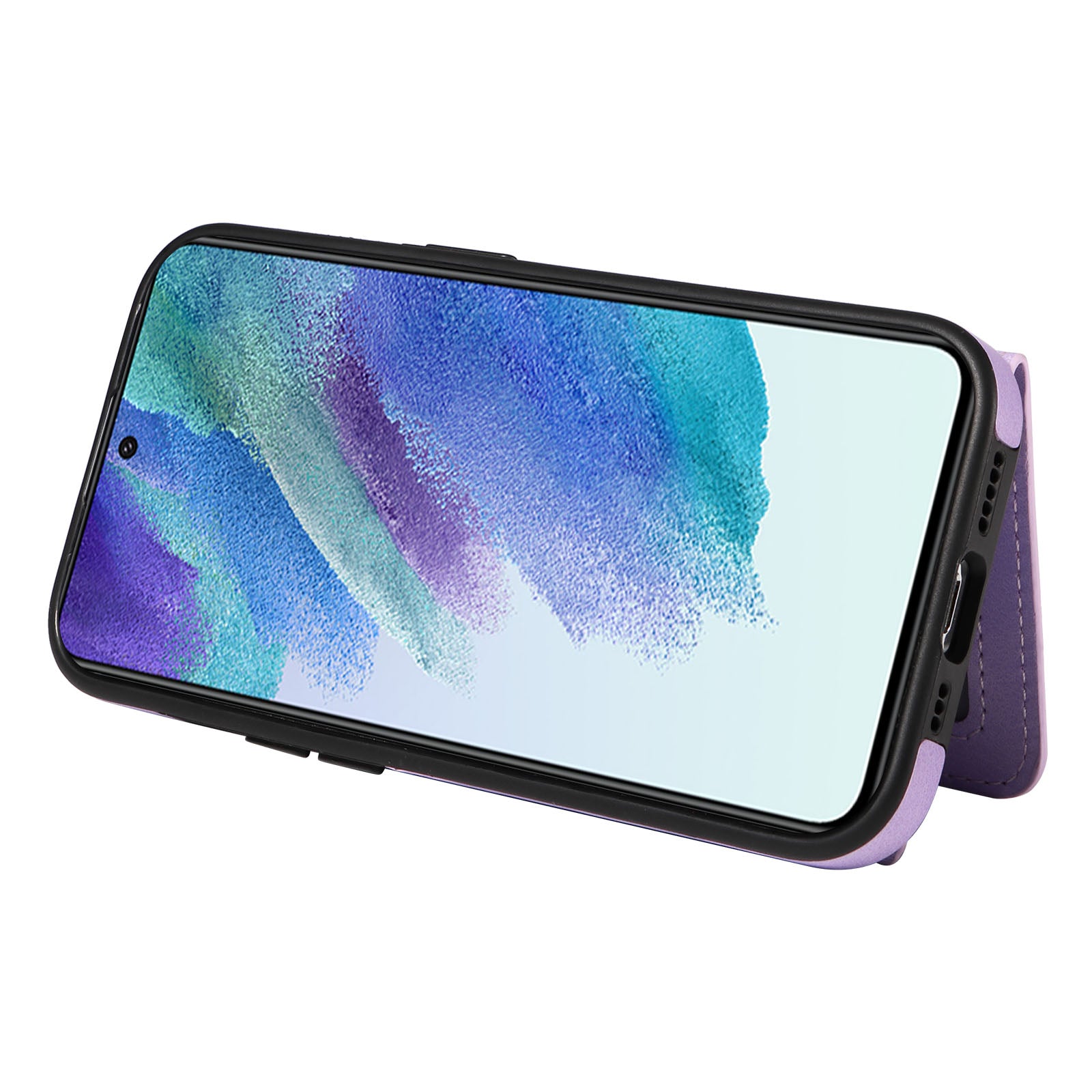 001 For Samsung Galaxy S21 FE 5G PU Leather TPU Cover Card Holder Phone Case with Ring Kickstand