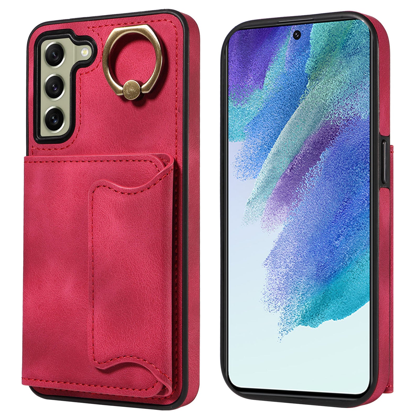 001 For Samsung Galaxy S21 FE 5G PU Leather TPU Cover Card Holder Phone Case with Ring Kickstand