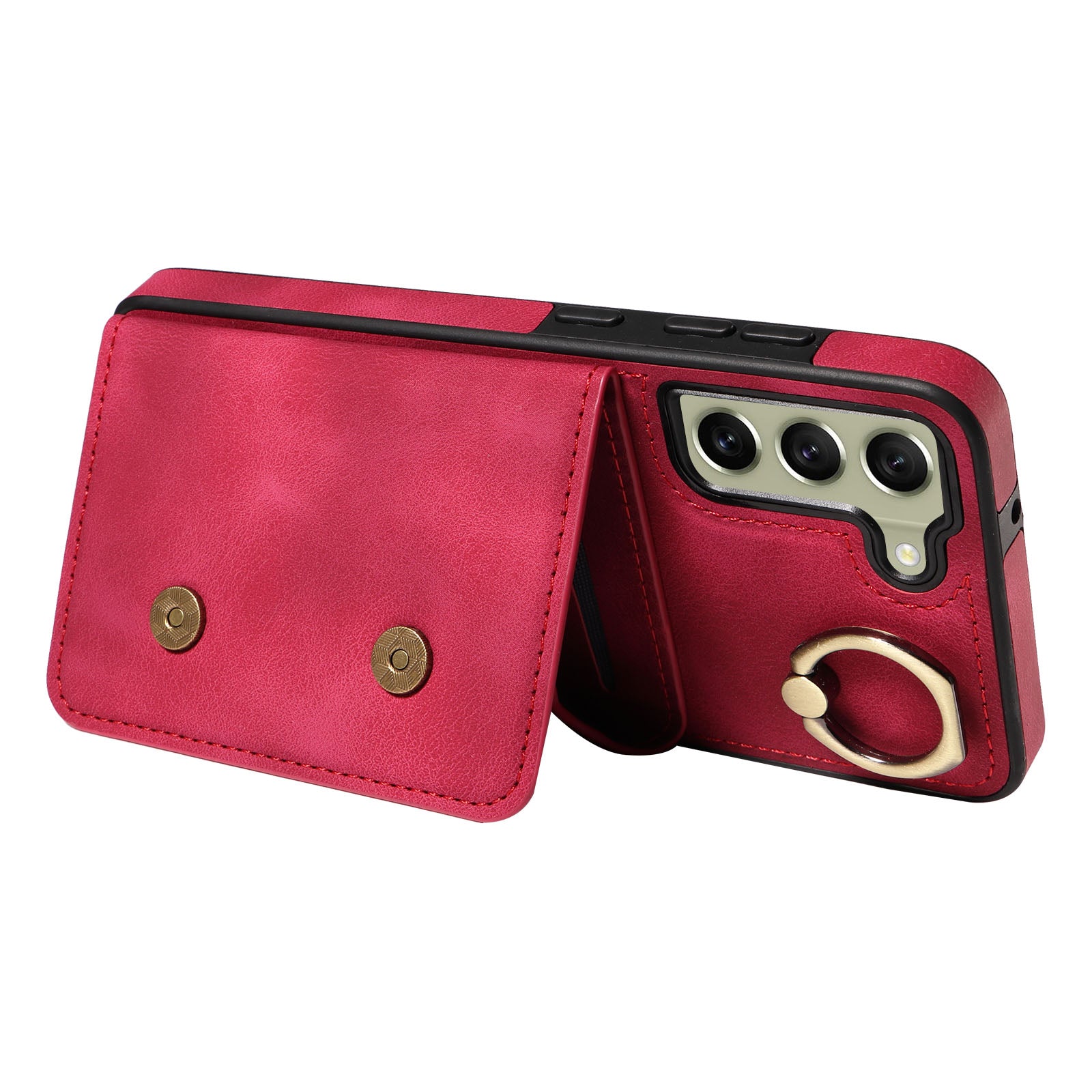 001 For Samsung Galaxy S21 FE 5G PU Leather TPU Cover Card Holder Phone Case with Ring Kickstand