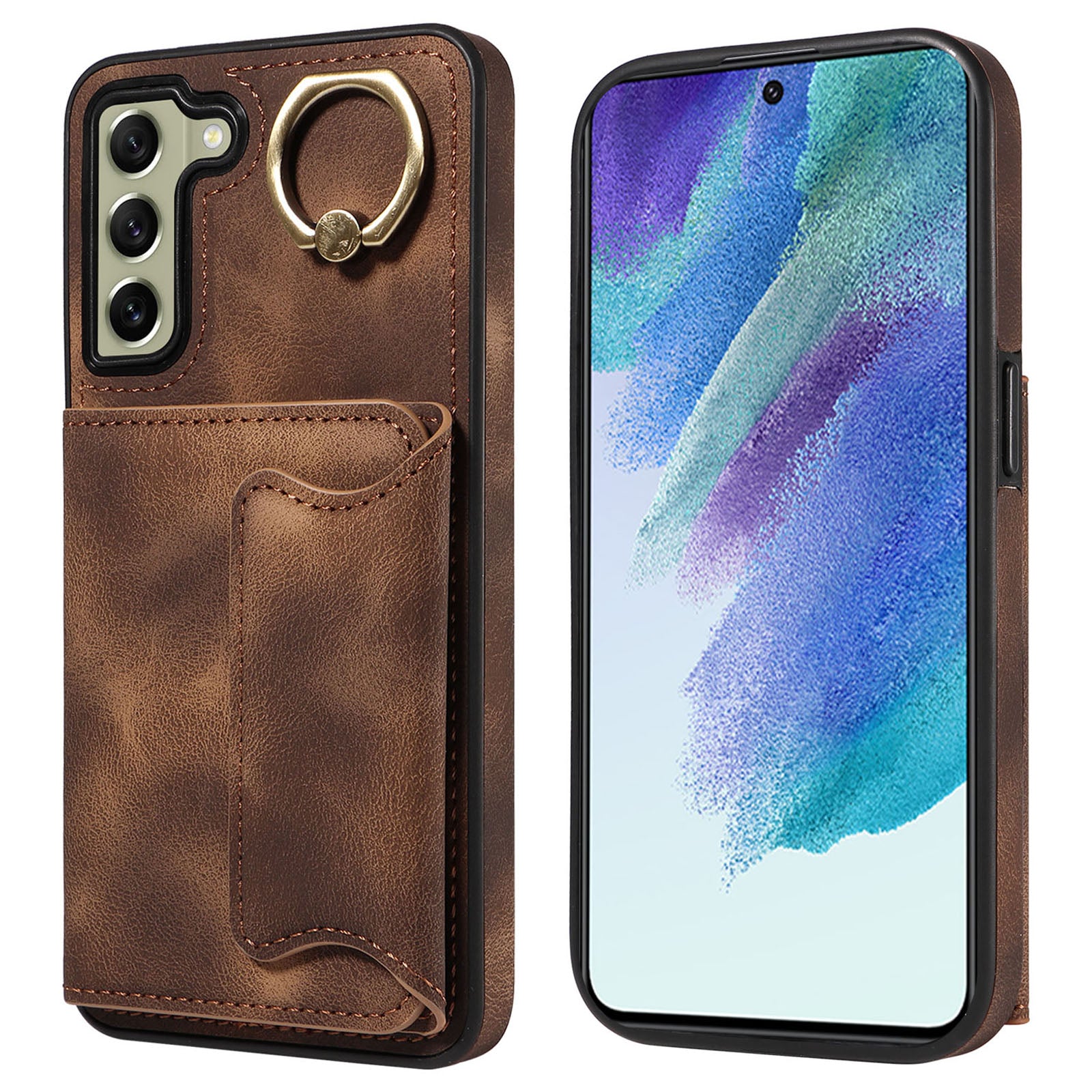 001 For Samsung Galaxy S21 FE 5G PU Leather TPU Cover Card Holder Phone Case with Ring Kickstand