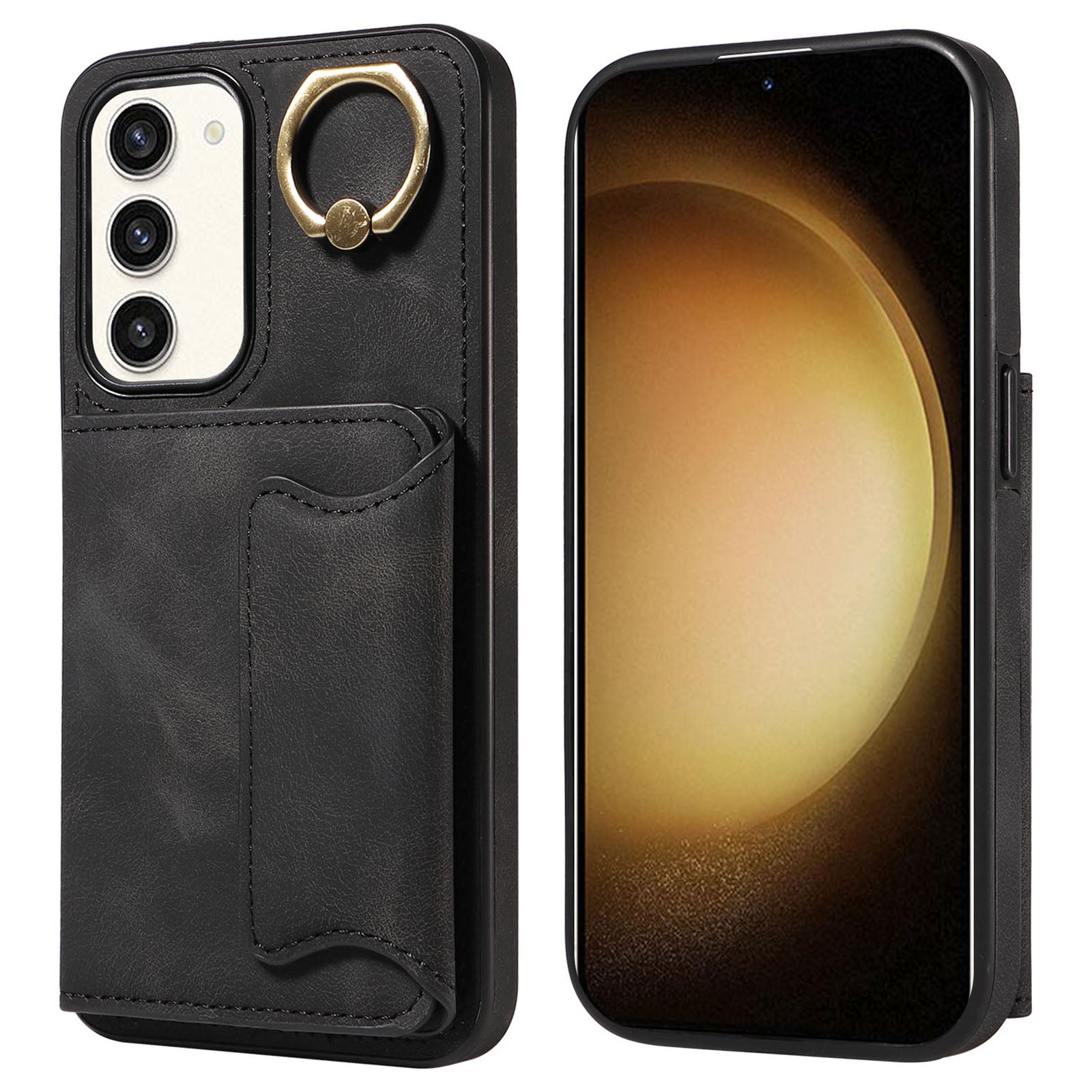001 For Samsung Galaxy S23 Card Holder Back Cover Ring Kickstand PU Leather Coated TPU Phone Case