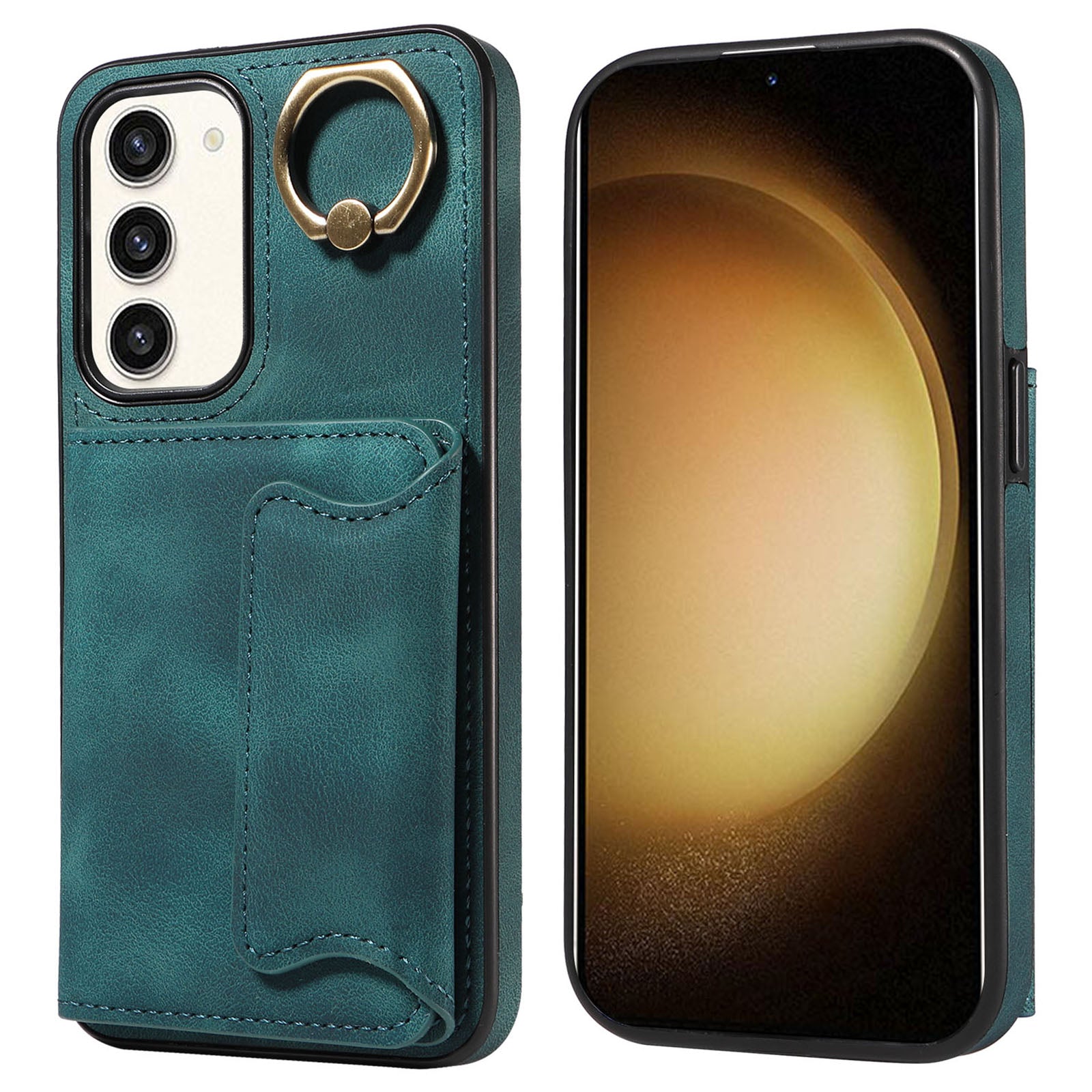 001 For Samsung Galaxy S23 Card Holder Back Cover Ring Kickstand PU Leather Coated TPU Phone Case
