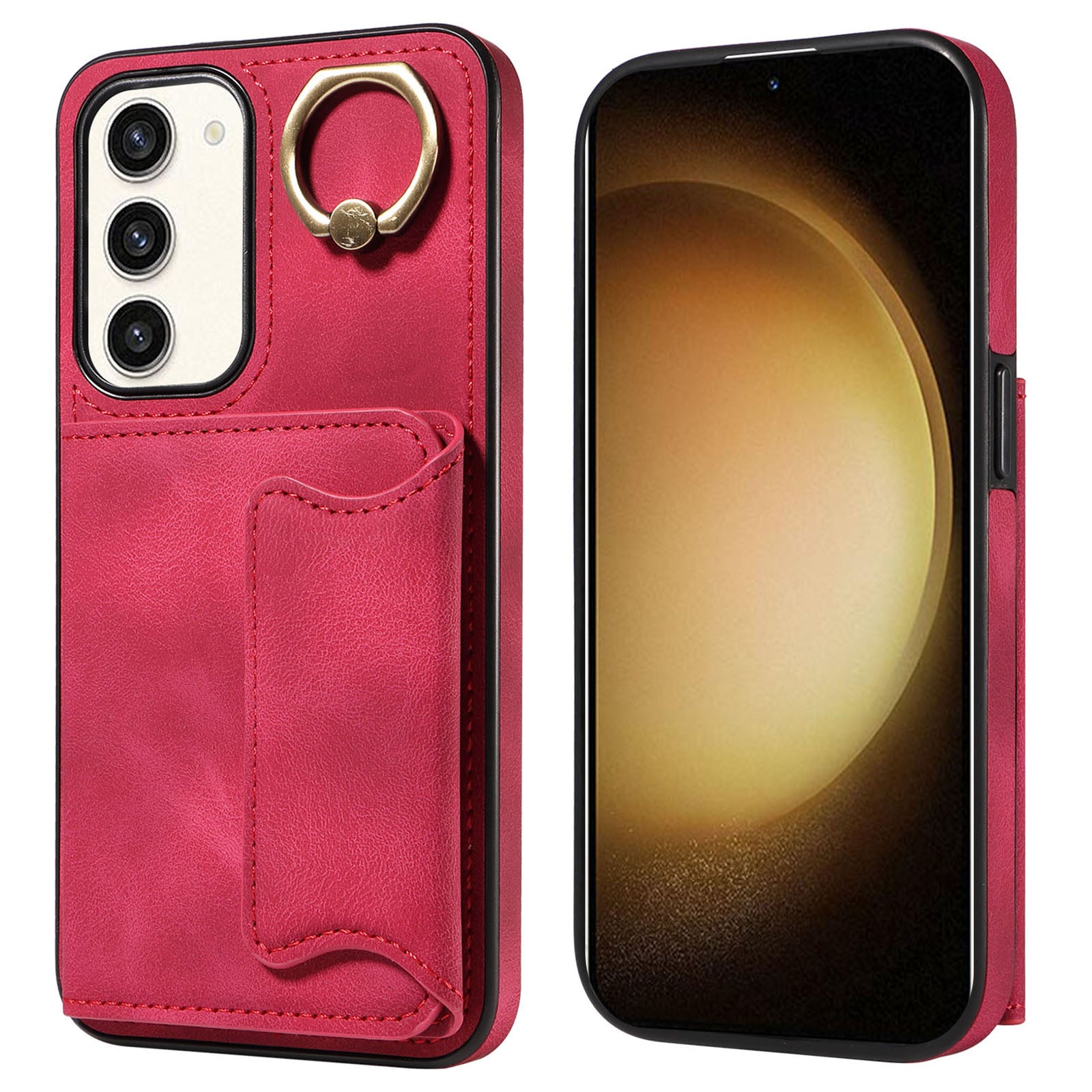 001 For Samsung Galaxy S23 Card Holder Back Cover Ring Kickstand PU Leather Coated TPU Phone Case
