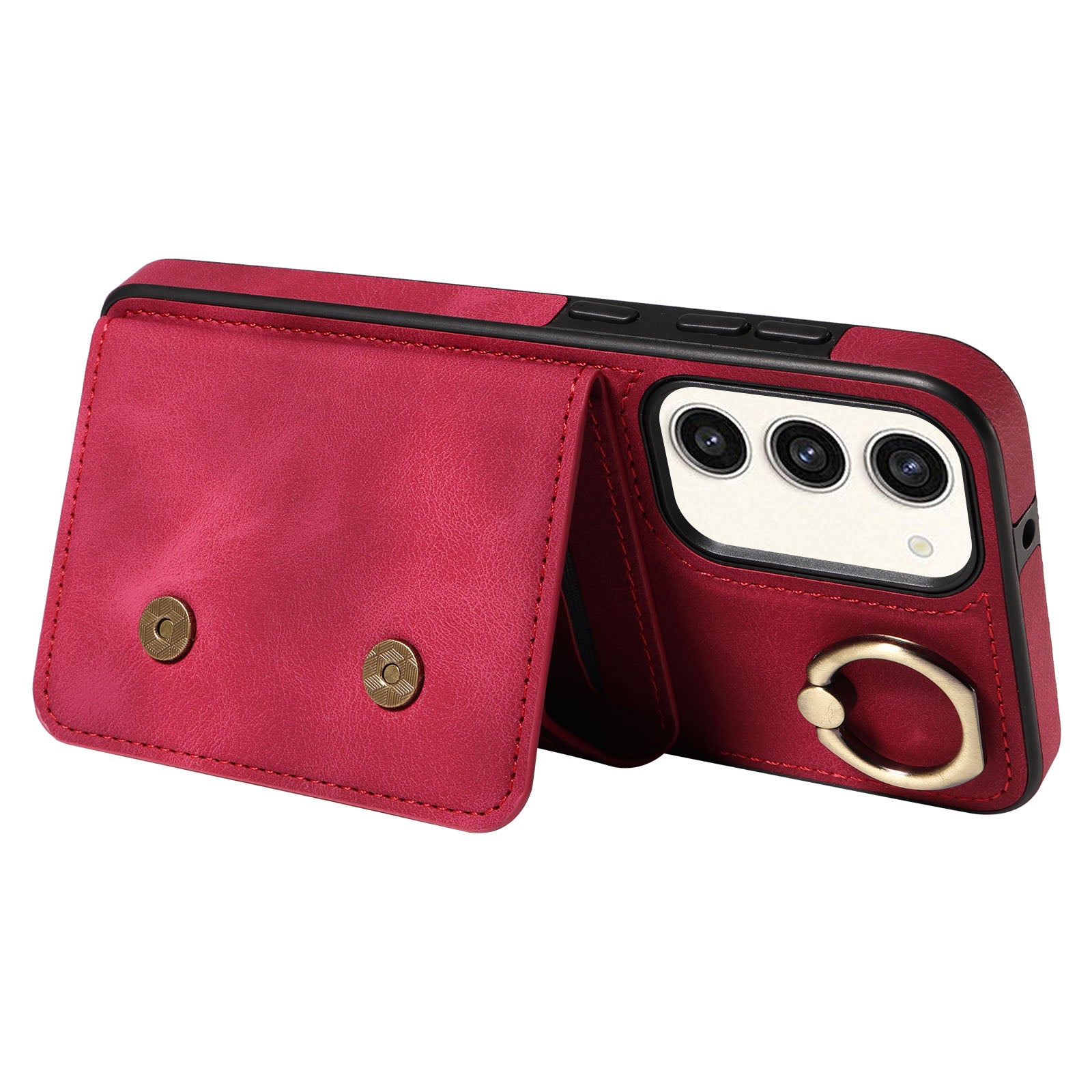 001 For Samsung Galaxy S23 Card Holder Back Cover Ring Kickstand PU Leather Coated TPU Phone Case