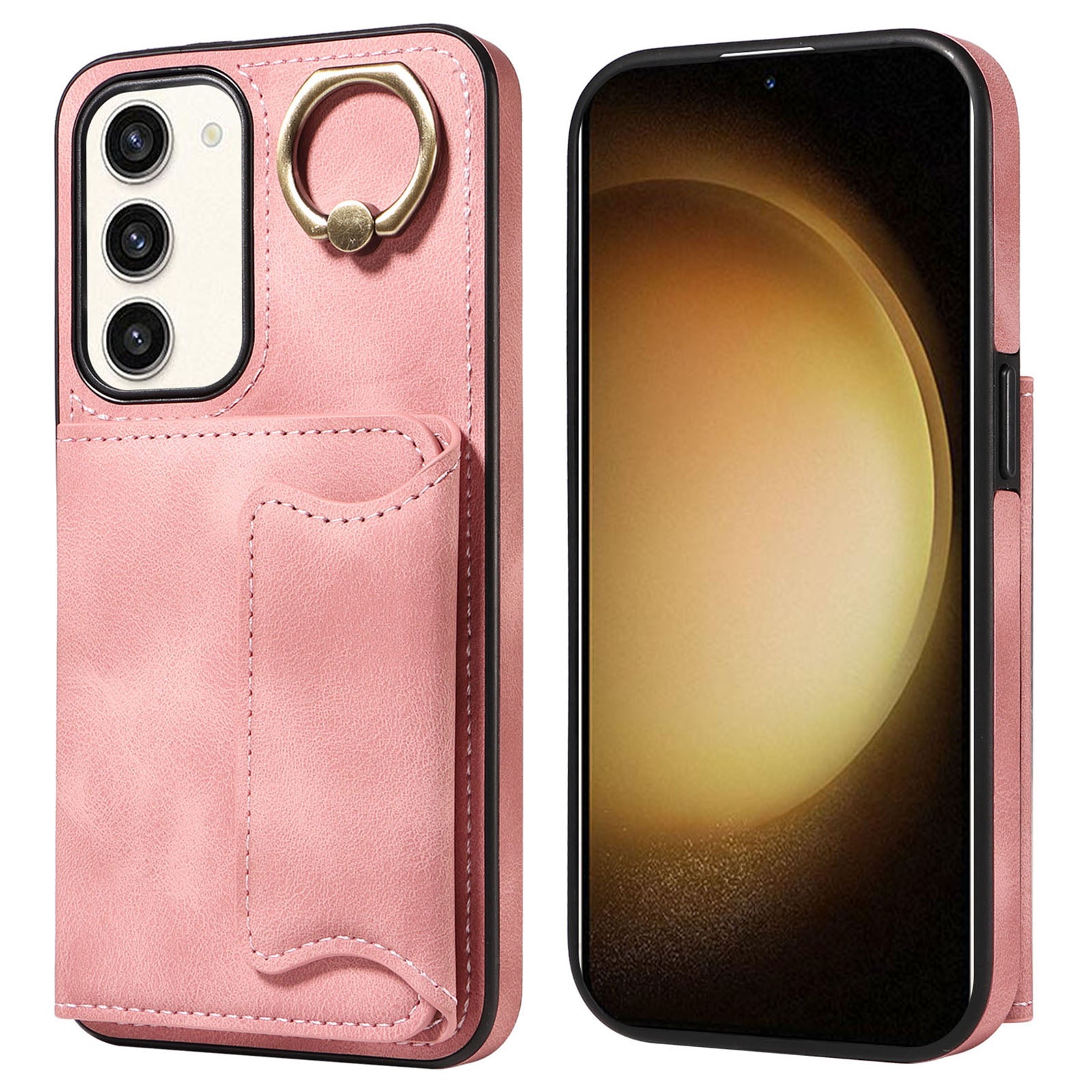 001 For Samsung Galaxy S23 Card Holder Back Cover Ring Kickstand PU Leather Coated TPU Phone Case
