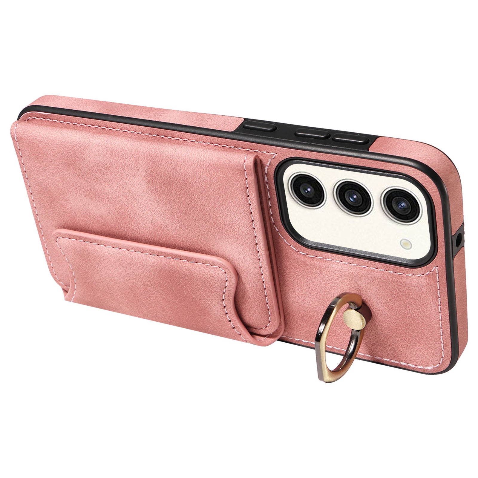 001 For Samsung Galaxy S23 Card Holder Back Cover Ring Kickstand PU Leather Coated TPU Phone Case