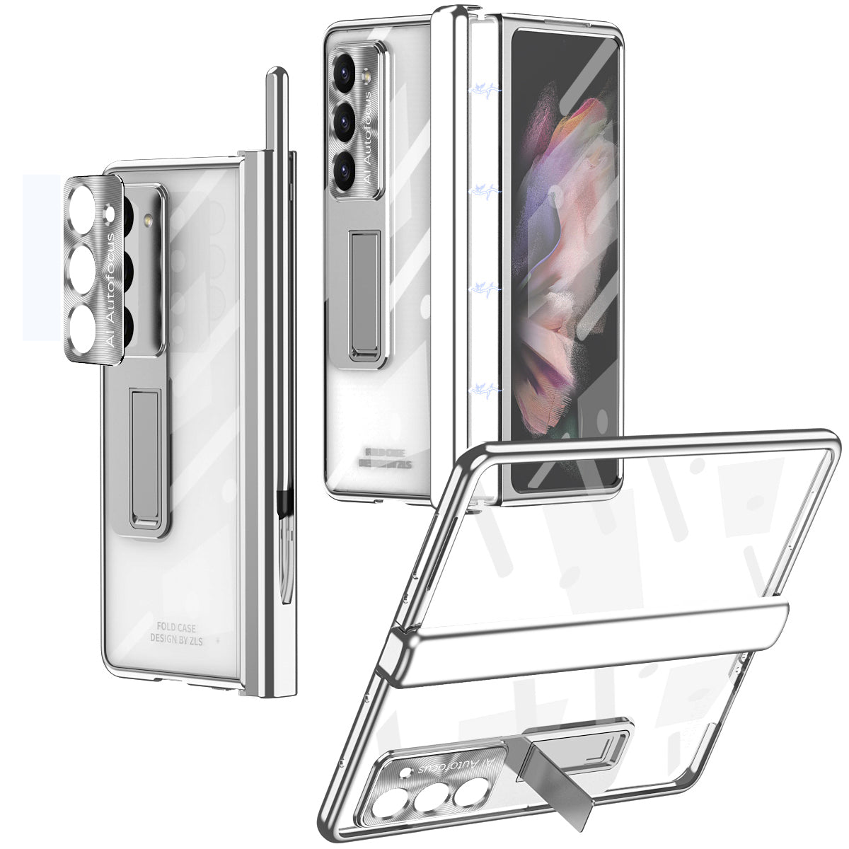 For Samsung Galaxy Z Fold5 5G Hinge Protection Kickstand Phone Case PC Tempered Glass Film Clear Phone Cover