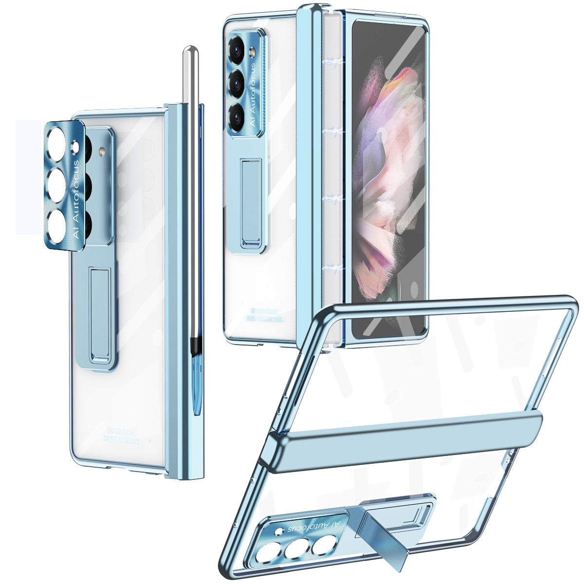 For Samsung Galaxy Z Fold5 5G Hinge Protection Kickstand Phone Case PC Tempered Glass Film Clear Phone Cover