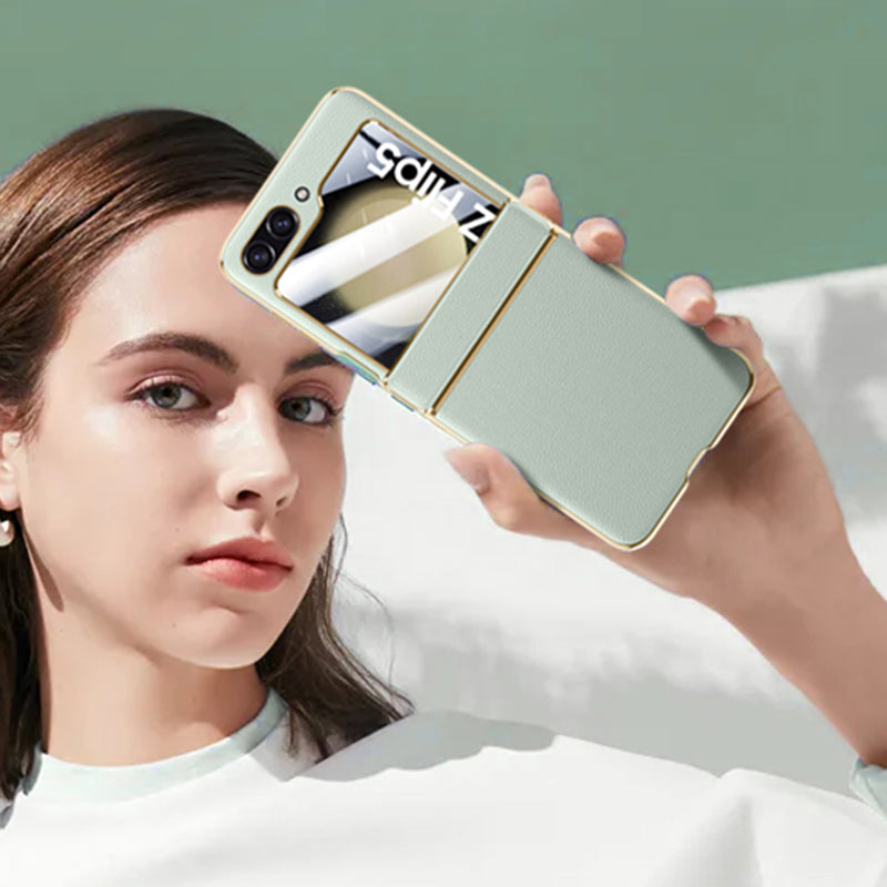 For Samsung Galaxy Z Flip5 5G PU Leather Coated PC Phone Case Electroplating Hinge Protection Cover with Rear Screen Protector