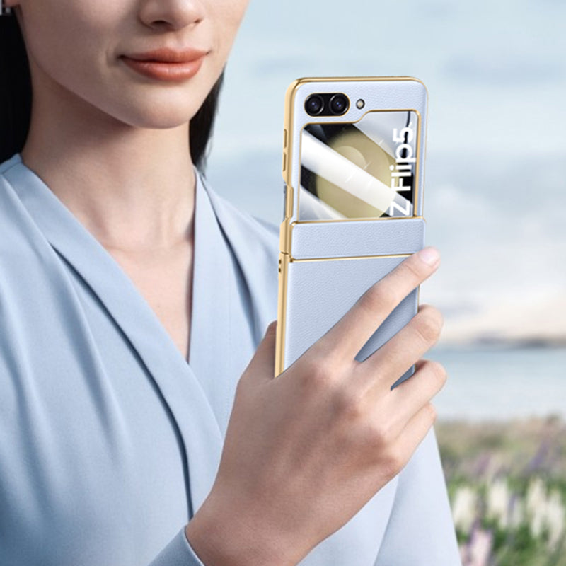 For Samsung Galaxy Z Flip5 5G PU Leather Coated PC Phone Case Electroplating Hinge Protection Cover with Rear Screen Protector