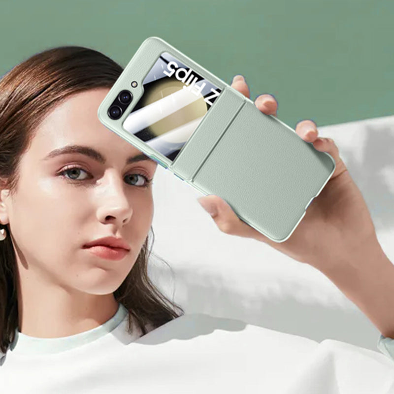 For Samsung Galaxy Z Flip5 5G PU Leather Coated PC Phone Case Hinge Protection Skin-touch Cover with Rear Screen Protector