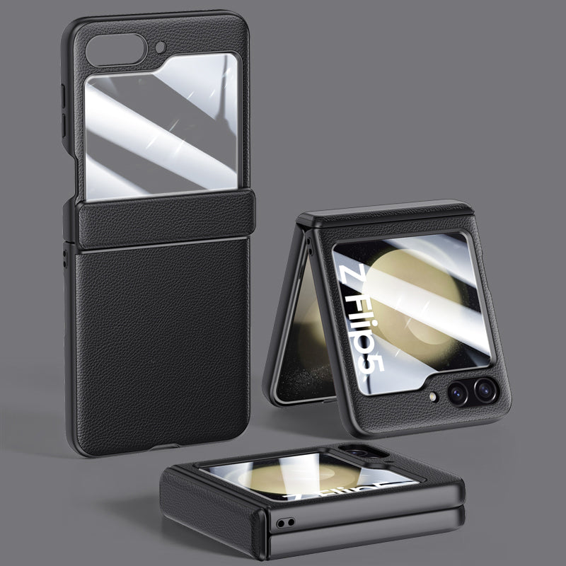 For Samsung Galaxy Z Flip5 5G PU Leather Coated PC Phone Case Hinge Protection Skin-touch Cover with Rear Screen Protector