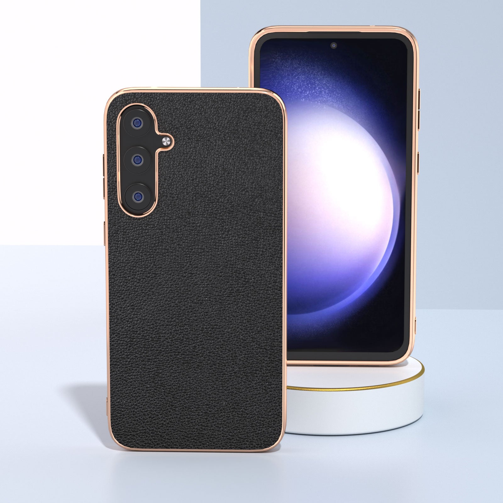 For Samsung Galaxy S23 FE Litchi Texture Phone Case Genuine Cow Leather Coated PC TPU Electroplating Cover