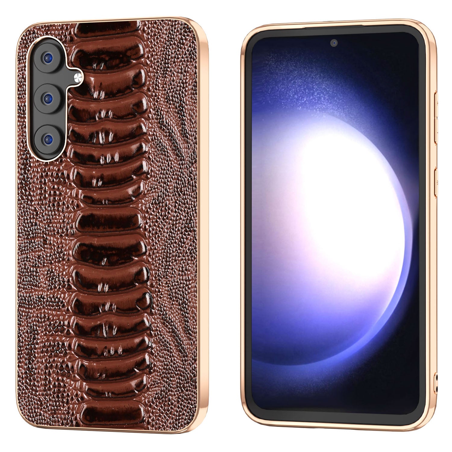 For Samsung Galaxy S23 FE Crocodile Texture Electroplating Cover Genuine Cow Leather Coated PC TPU Protective Phone Case