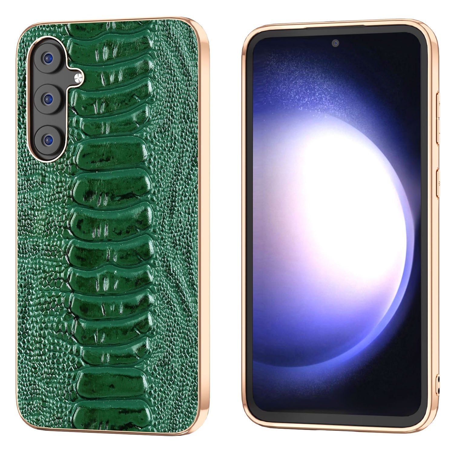 For Samsung Galaxy S23 FE Crocodile Texture Electroplating Cover Genuine Cow Leather Coated PC TPU Protective Phone Case