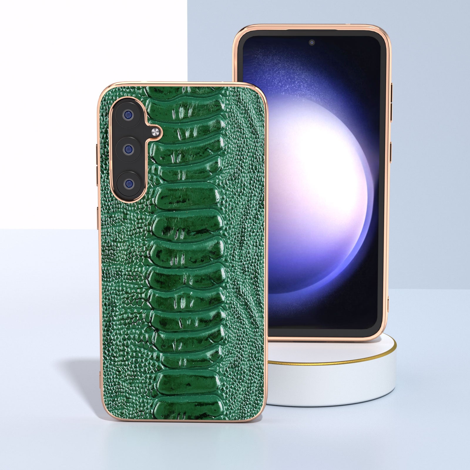 For Samsung Galaxy S23 FE Crocodile Texture Electroplating Cover Genuine Cow Leather Coated PC TPU Protective Phone Case