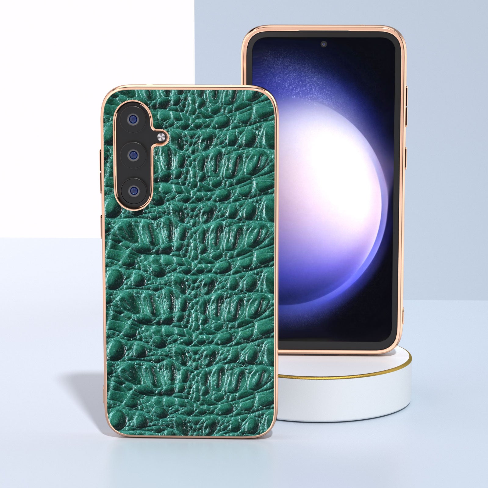 For Samsung Galaxy S23 FE Electroplating Canopy Texture Case Genuine Cowhide Leather TPU PC Phone Cover